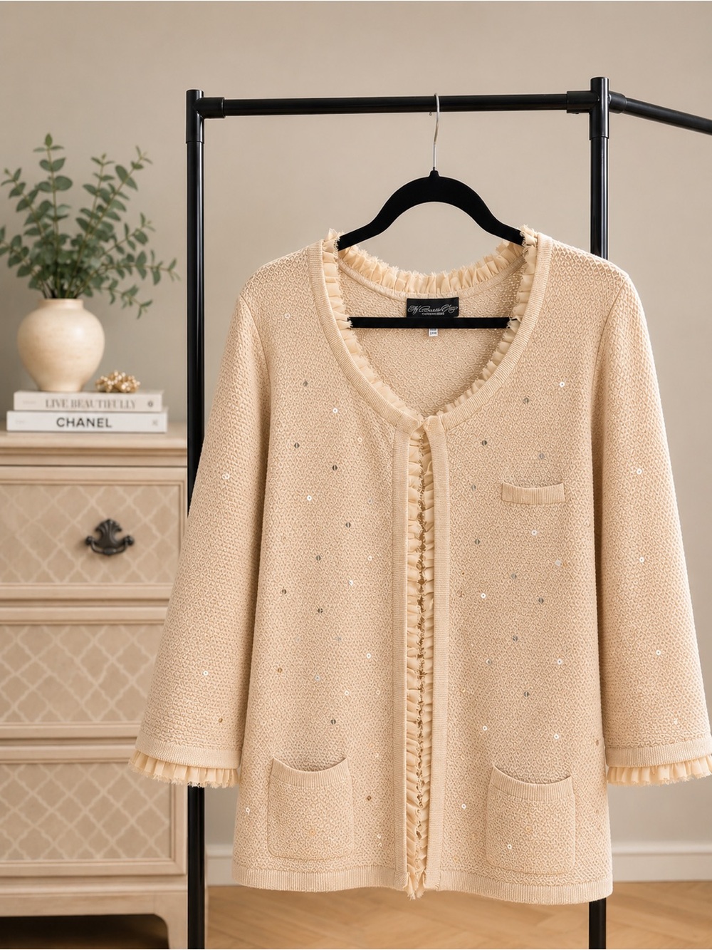Colleen Lopez Sequin Knit Cardigan Sweater 2X Beige Shimmer Ruffle Trim Pockets